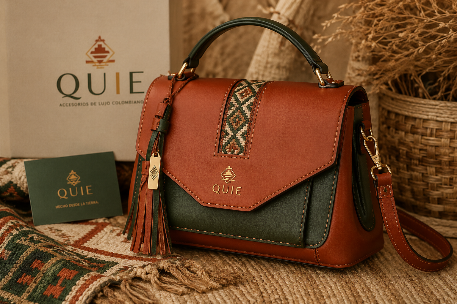 QUIE bag in terracotta and deep green leather