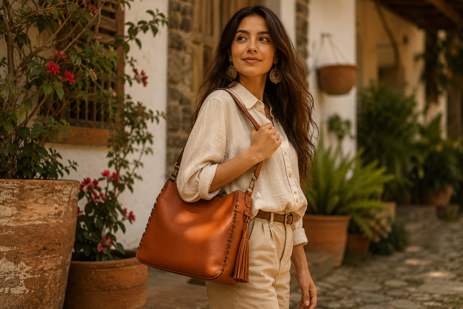 Woman with a QUIE bag in a Colombian artisan setting